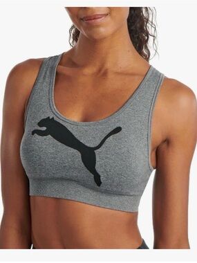 Puma Gray and Black Logo Racerback Sports Bra cross back size medium Ptp 13”